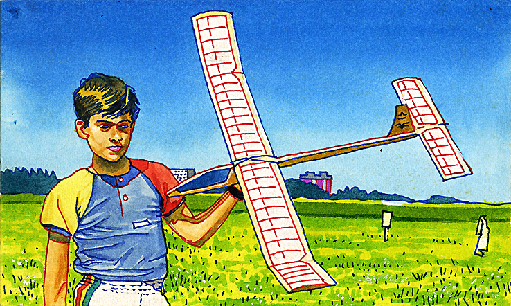 Disegno a tempera di Franz Ecke, Ragazzo con aereo giocattolo, 1987.