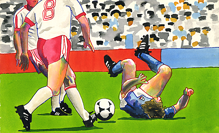 Disegno a tempera di Franz Ecke, La partita di pallone, 1982.