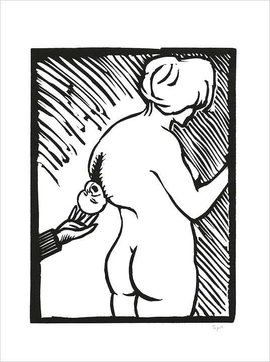 Incisione su linoleum di Roland Topor, La nascita dell'uomo, 1975.