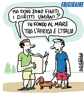 FRIGIDAIRE n.215 Vignetta di Fabrizio Fabbri. REPUBBLICA di FRIGOLANDIA, redazione di FRIGIDAIRE e IL NUOVO MALE mensile indipendente di satira e idee, diretti da Vincenzo Sparagna.
