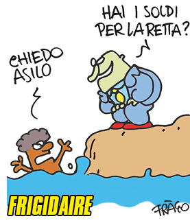 Editoriale di Vincenzo Sparagna, direttore di FRIGIDAIRE, rivista rivoluzionaria di arte, fumetti, racconti, reportage. Coordinamento e grafica di Maila Navarra. Vignetta di Frago pubblicata su Frigidaire n.234