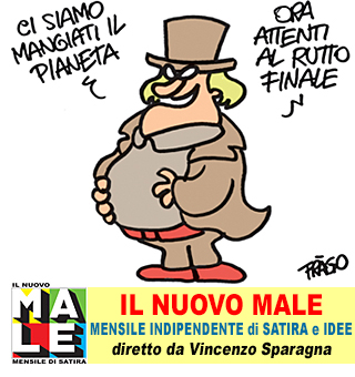 IL NUOVO MALE e FRIGIDAIRE riviste di satira, arte, fumetti, politica, reportage, direttore Vincenzo Sparagna, coordinamento e grafica di Maila Navarra. In edicola in tutta Italia. Vignetta di Frago