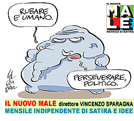 IL NUOVO MALE rivista di satira mensile indipendente, ideata e prodotta da FRIGIDAIRE, fondatore e direttore Vincenzo Sparagna, coordinamento e grafica di Maila Navarra. In edicola in tutta Italia. Vignetta di Cecigian