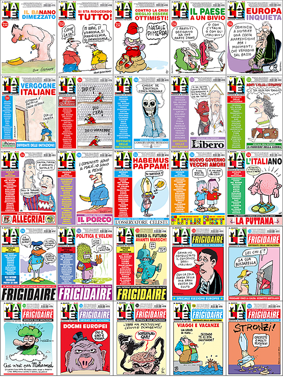 collezione IL NUOVO MALE rivista di Satira e Idee pubblicata da ottobre 2011 ad oggi. Direttore Vincenzo Sparagna, coordinamento e grafica di Maila Navarra